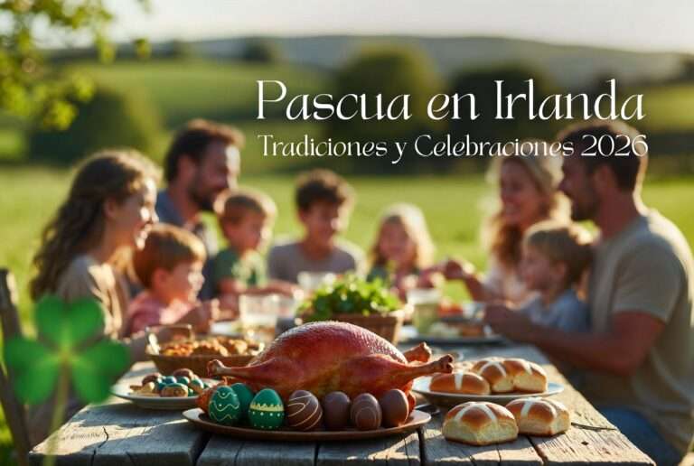 Familia irlandesa celebrando Pascua en Irlanda 2026 con mesa llena de cordero asado, huevos de Pascua y hot cross buns en un paisaje primaveral